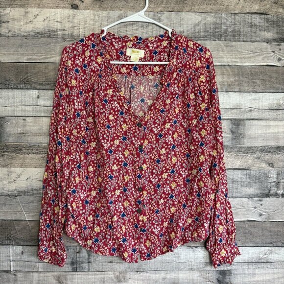 Anthropologie Maeve Red Blouse V-neck Boho Button-Up Red Floral Top 4 Feminine - Picture 1 of 10